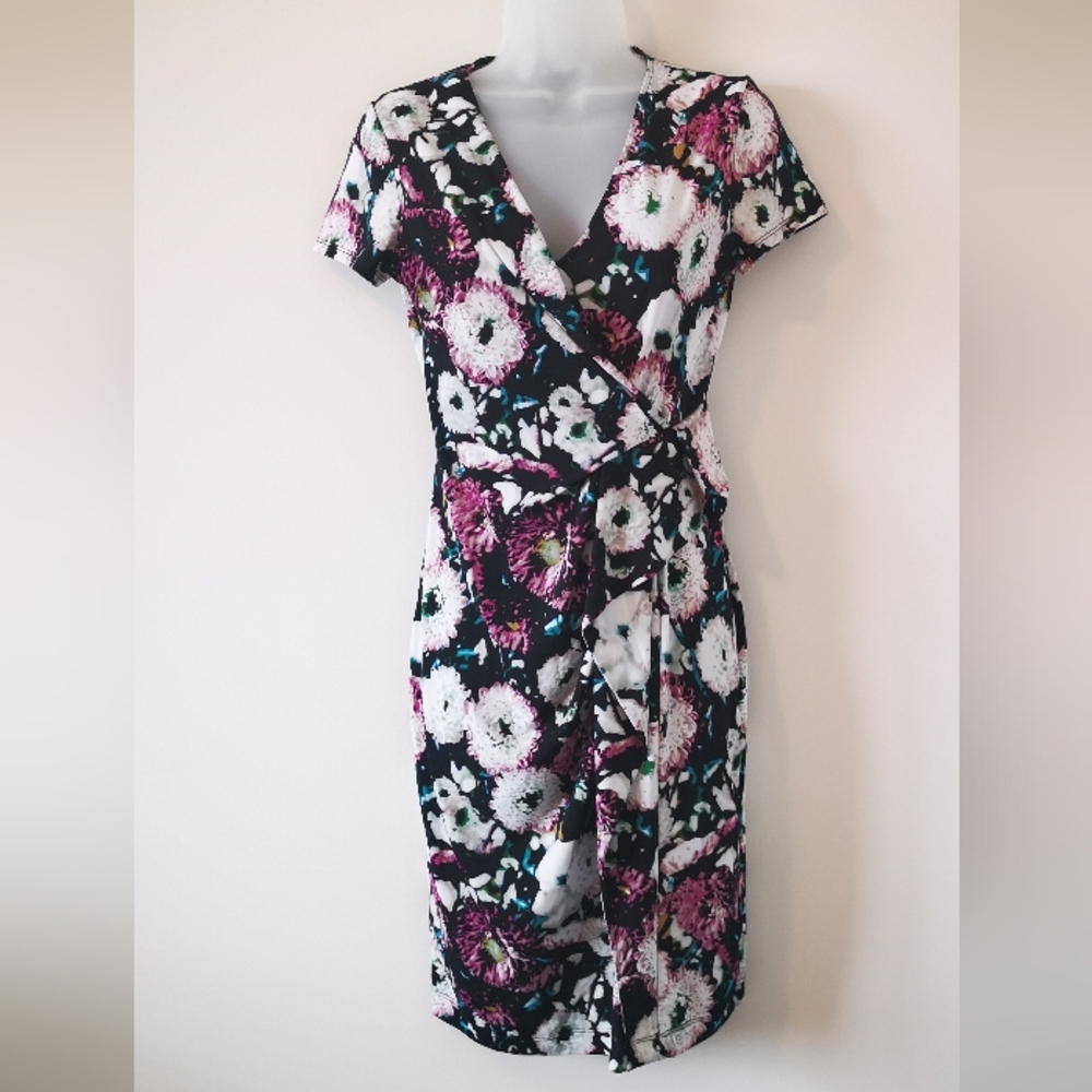 BCBG MaxAzria X-Small Short Sleeve Pink Floral Print Faux Wrap V-neck Dress